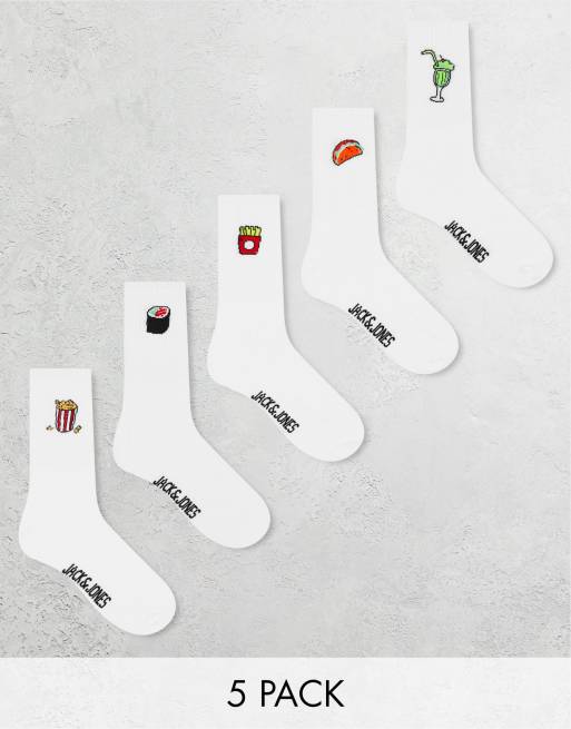 Jack & Jones – 5er-Pack Tennissocken in Weiß mit Lebensmittelstickerei