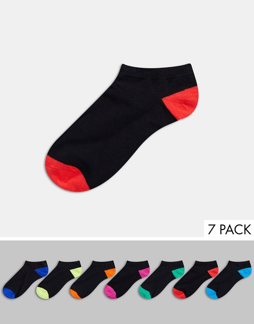 Jack & Jones 7 pack short socks in black with coloured heels