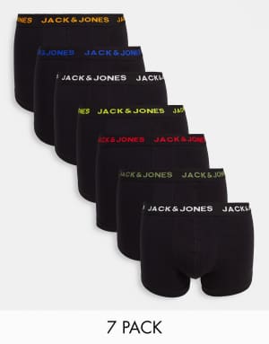 Jack & Jones 7 pack trunks in black with colour logo waistband