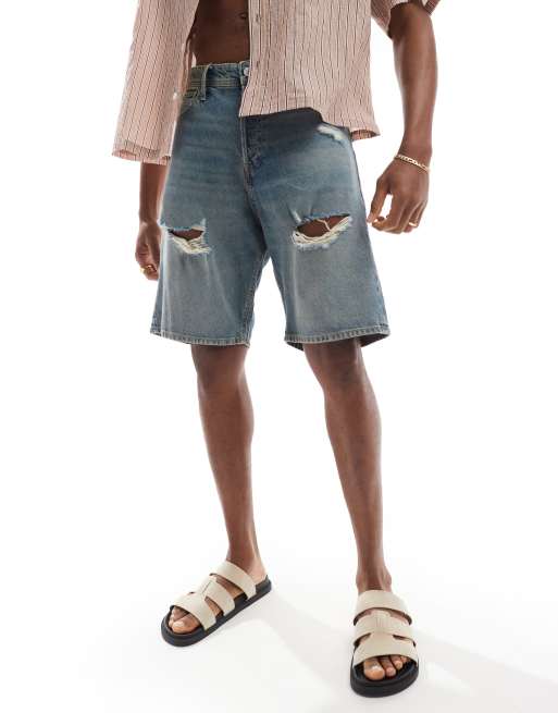 Jack & Jones alex baggy denim short in blue wash with rips, 3 of 5