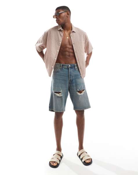 Jack & Jones Alex baggy denim shorts in blue wash with rips - view 1