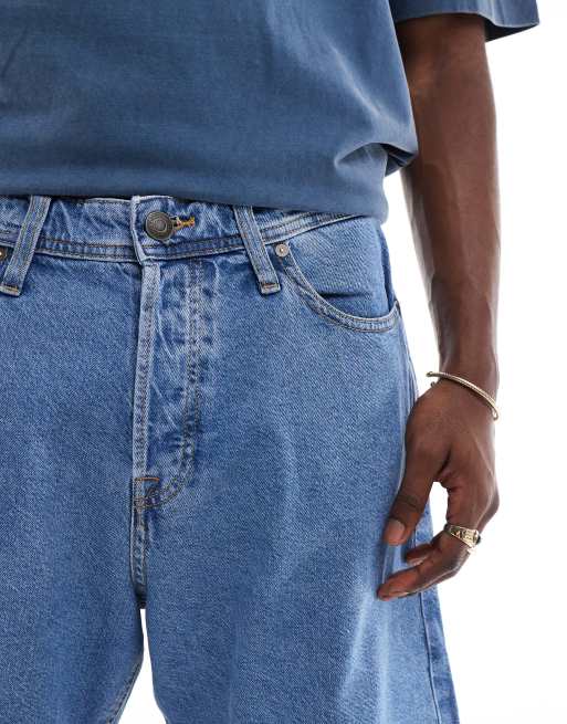 Jack & Jones alex baggy denim shorts in mid blue wash 