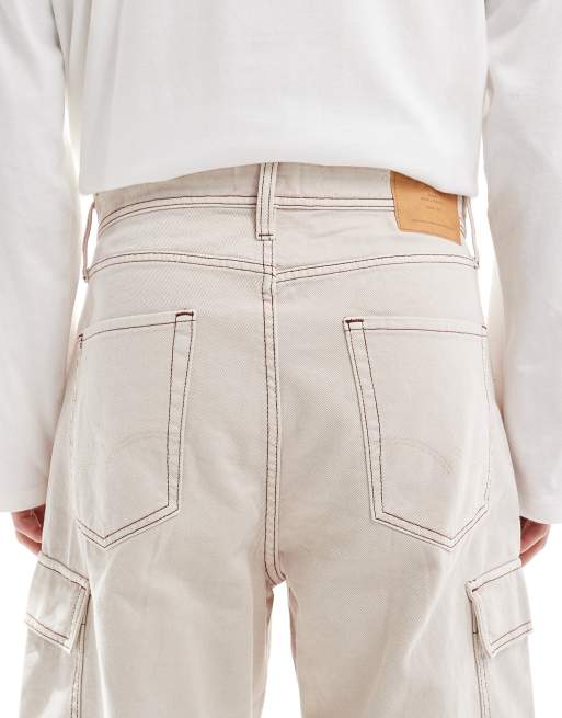 Jack & Jones Alex baggy fit cargo jeans in ecru with contrast stitching, 4 of 5