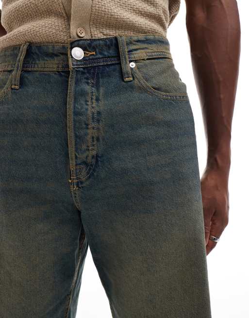 Jack & Jones Alex baggy fit denim shorts in green cast denim wash