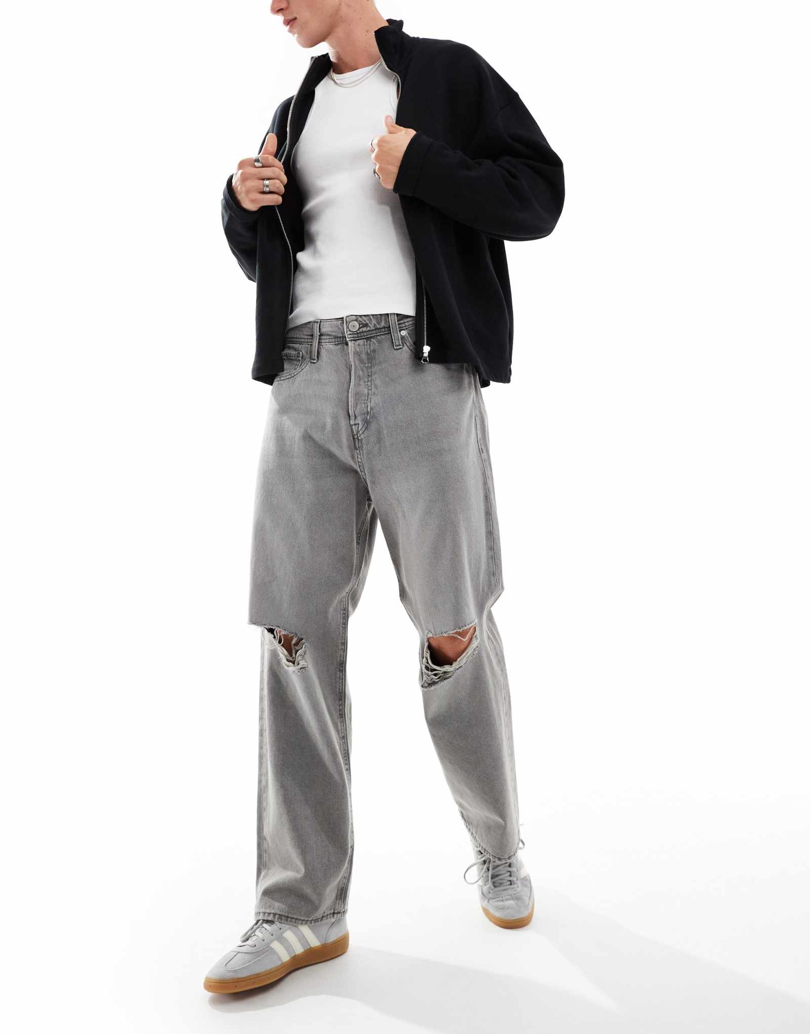 Мешковатые джинсы Jack &Jones alex с разрезами на коленях серого цвета 