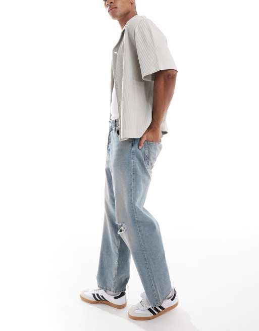 Jack & Jones Alex baggy jeans with knee rip in stonewashed blue