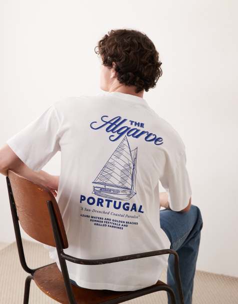 Jack & Jones algarve back print t-shirt in white and blue