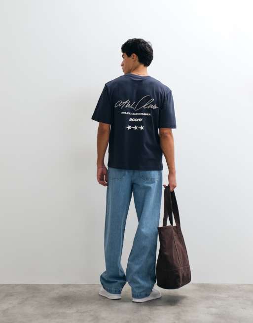 Jack & Jones athletic club script backprint t-shirt in petrol blue, 3 of 5