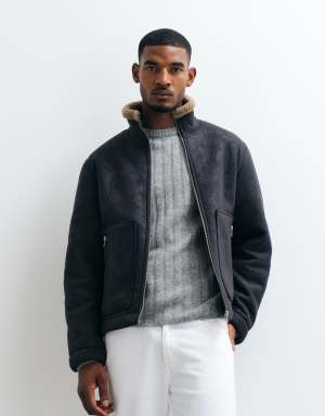 Jack & Jones aviator jacket with sherling lining in black