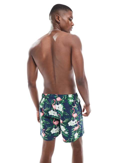 Jack & Jones – Badeshorts in Marineblau mit Flamingo-Print, 2 von 4
