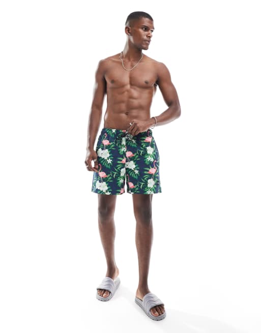 Jack & Jones – Badeshorts in Marineblau mit Flamingo-Print, 3 von 4