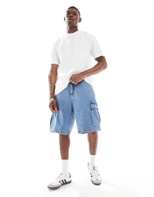 baggy cargo denim shorts in light blue wash
