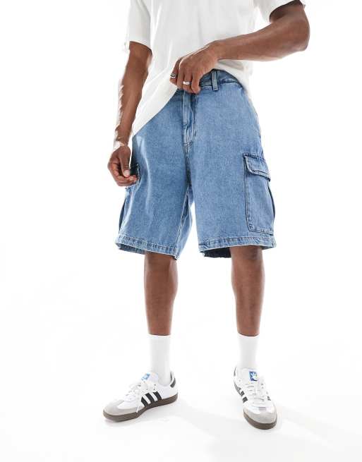 Jack Jones baggy cargo denim shorts in light blue wash