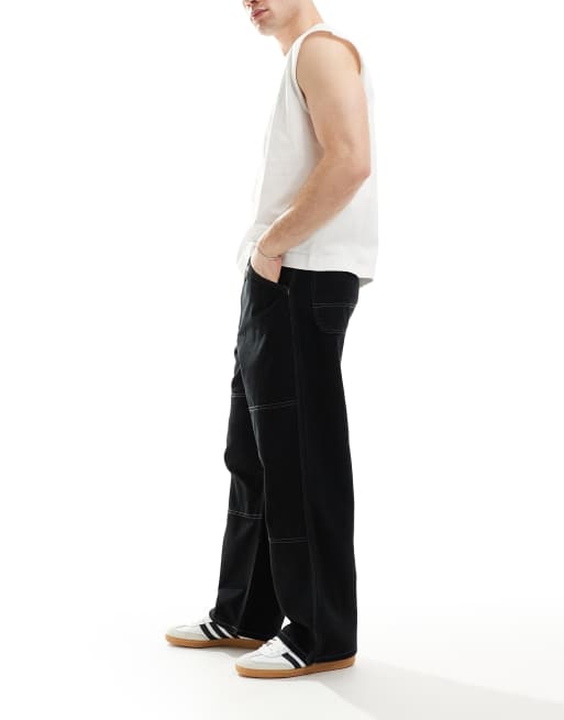 Jack & Jones baggy fit carpenter pants in black with contrasting stitching, 2 of 5