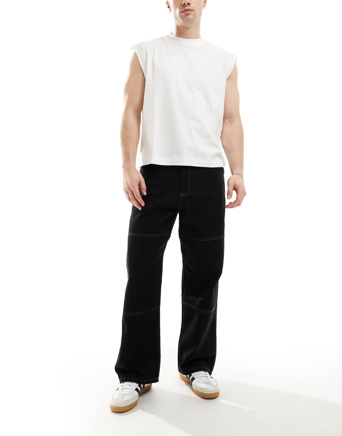 Jack & Jones baggy fit carpenter trouser in black with contrasting stitching