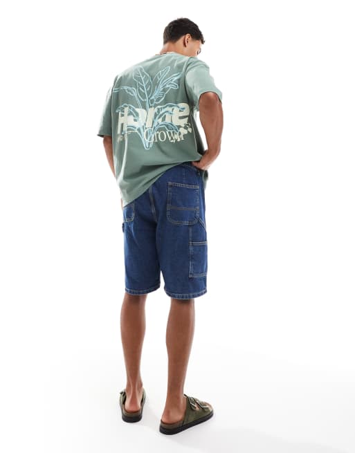 Jack & Jones baggy fit denim carpenter shorts in mid blue