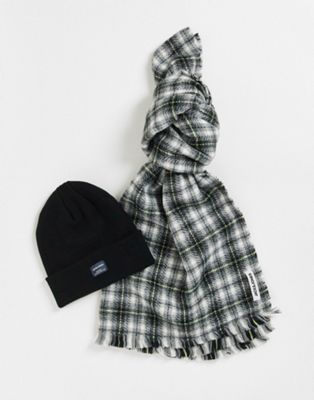 Jack & Jones beanie and scarf giftbox in black and grey check