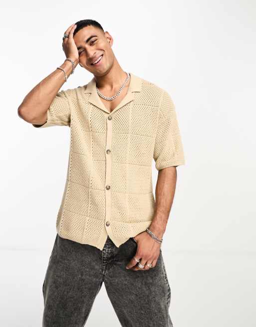 Jack & Jones – Beige, hålstickad pikétröja med avslappnad passform