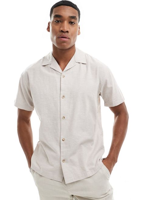 Jack & Jones – Beige linneskjorta med resortkrage