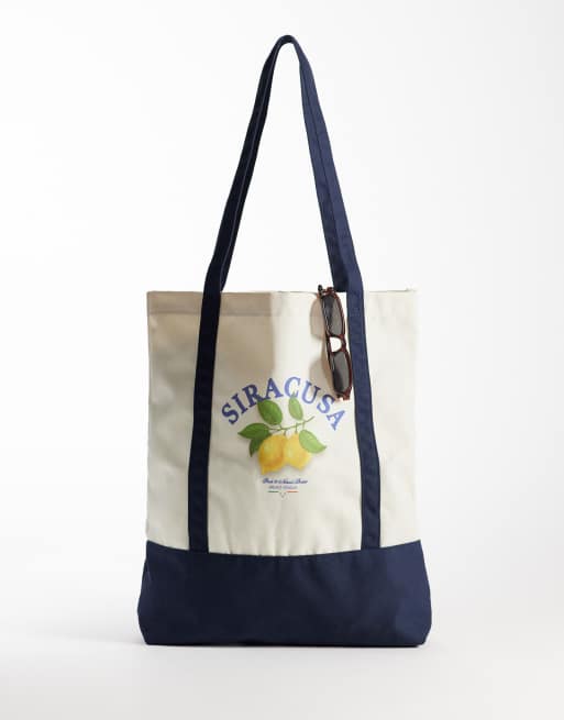 Jack & Jones – Beige och blå toteväska i canvas med citrontryck, 2 av 4