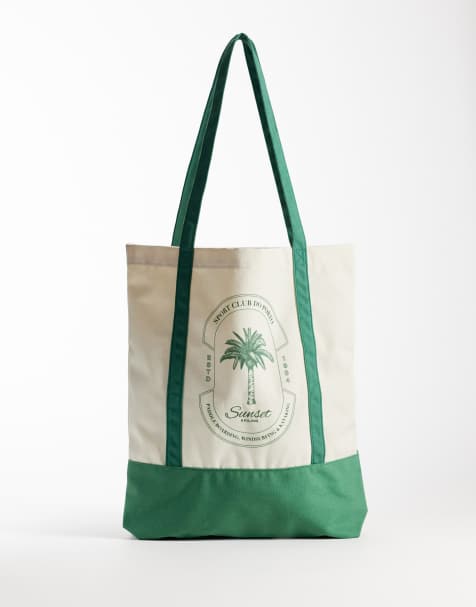 Jack & Jones - Beige og grøn tote-taske i lærred med palmeprint - view 1