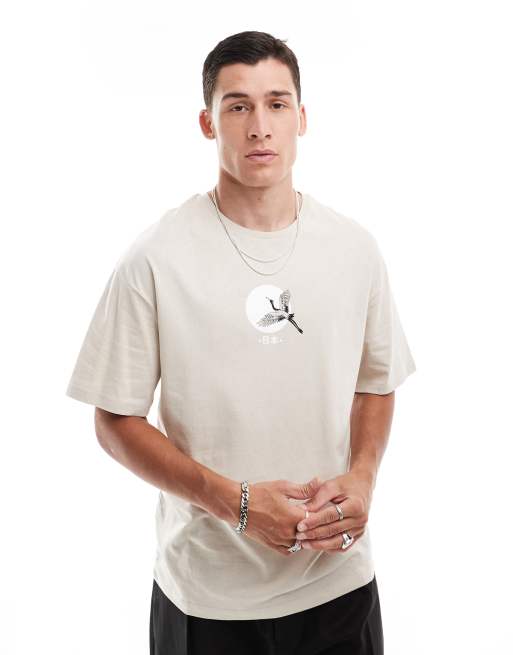 Jack & Jones - Beige oversized t-shirt med traneprint på brystet