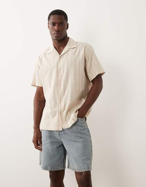 Jack & Jones - Beige skjorte med korte ærmer og striber i hørblanding - view 1