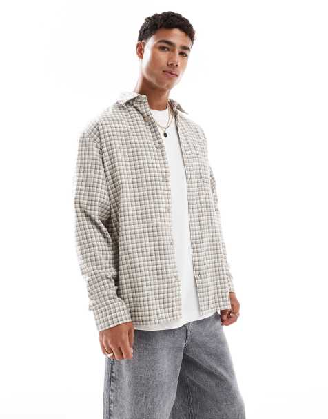 Jack & Jones - Beige skjorte med lige kant forneden og tern - view 1