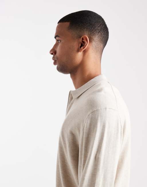 Jack & Jones – Beige, stickad pikétröja med kvartslång dragkedja, 4 av 5