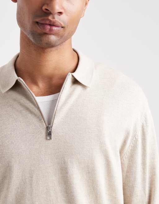 Jack & Jones – Beige, stickad pikétröja med kvartslång dragkedja, 5 av 5