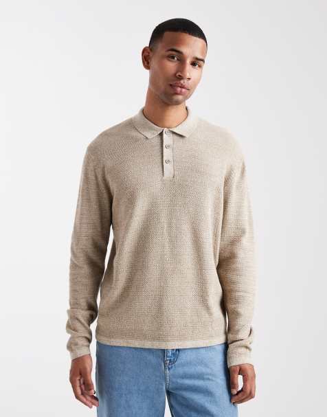 Jack & Jones – Beige, stickad pikétröja med långa ärmar - view 1