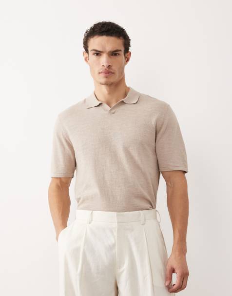 Jack & Jones – Beige, stickad pikétröja med öppen krage - view 1
