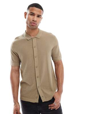 Jack & Jones - Beige strikket poloskjorte med gennemgående knapper - view 1