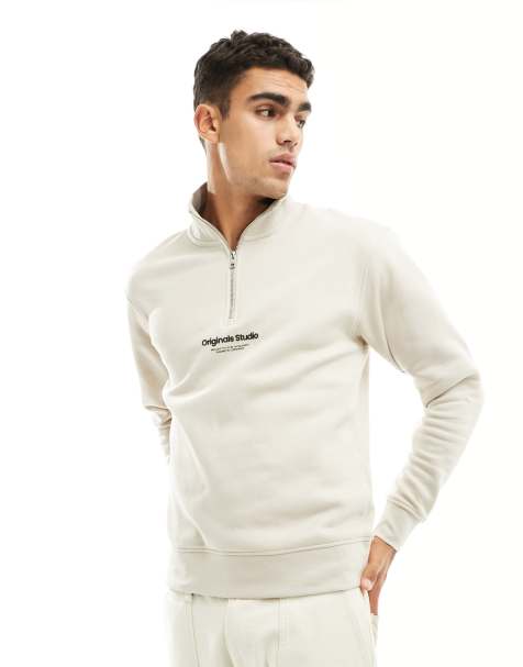 Jack & Jones – Beige sweatshirt med centrerad logga och kort dragkedja vid halsen - view 1