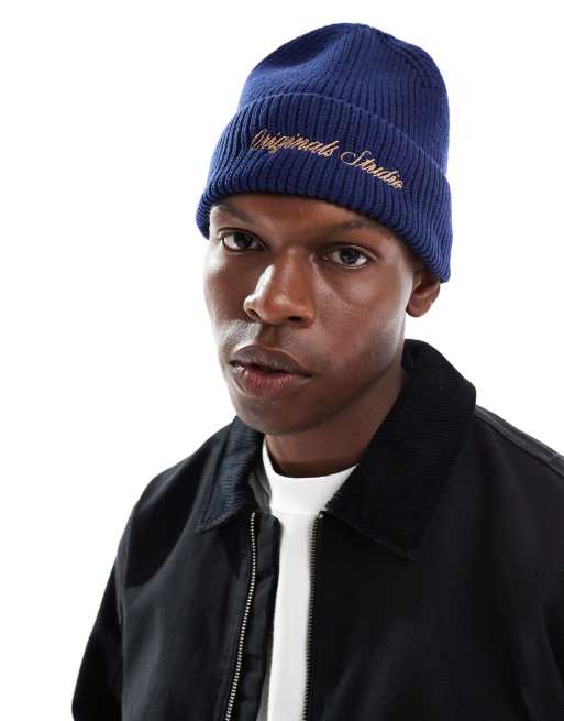 Jack & Jones - Berretto color blu navy a coste con scritta 