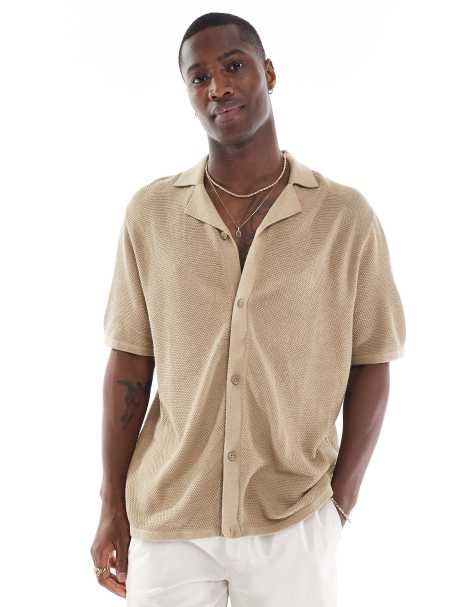 Jack & Jones oversized button through knitted polo in beige