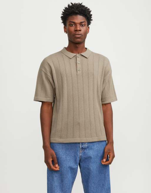 Jack & Jones – Beżowa dzianinowa koszulka polo oversize