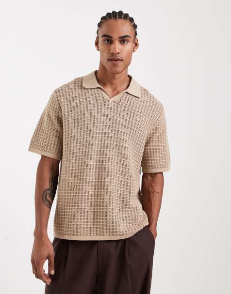 Jack & Jones – Beżowa dzianinowa koszulka polo z rozcięciem pod szyją - view 1