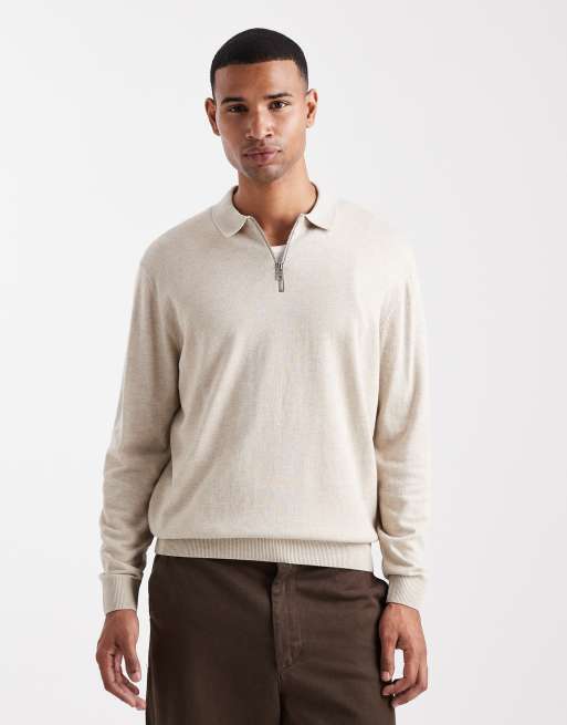 Jack & Jones – Beżowa dzianinowa koszulka polo z zamkiem pod szyją