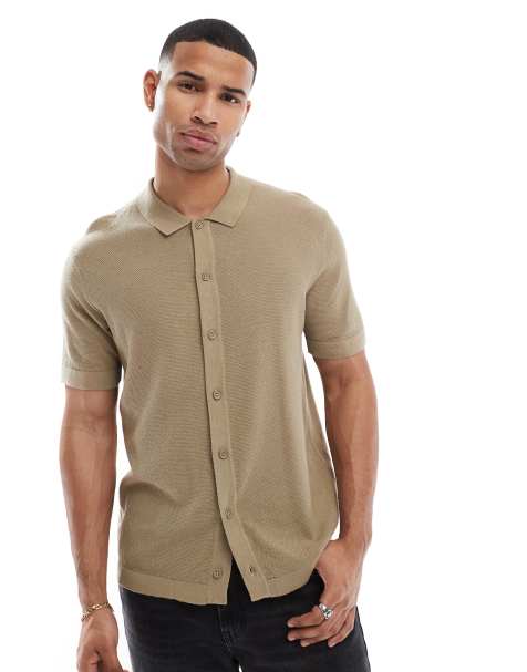 Jack & Jones knitted button through polo in beige