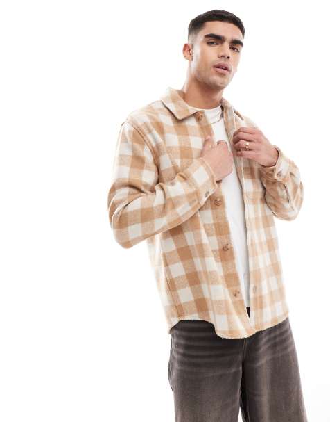 Jack & Jones heavy brushed check overshirt in beige 