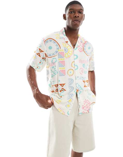 Jack & Jones oversize shirt with multi print in beige