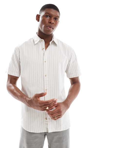 Jack & Jones oxford stripe short sleeve shirt in beige