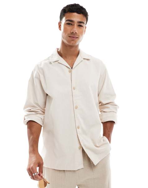 Jack & Jones revere collar linen mix overshirt in beige