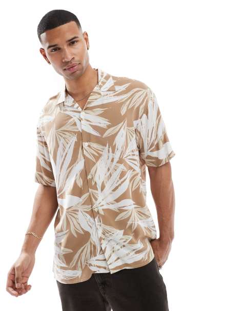 Jack & Jones revere collar tropical print short sleeve shirt in beige
