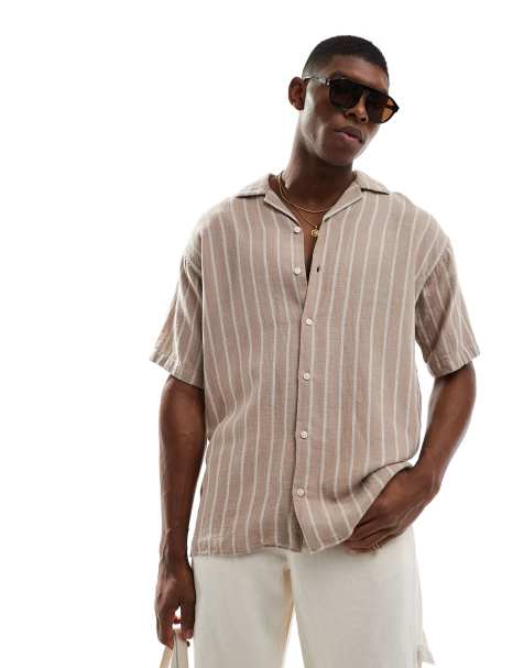Jack & Jones revere collar textured stripe short sleeve shirt in beige