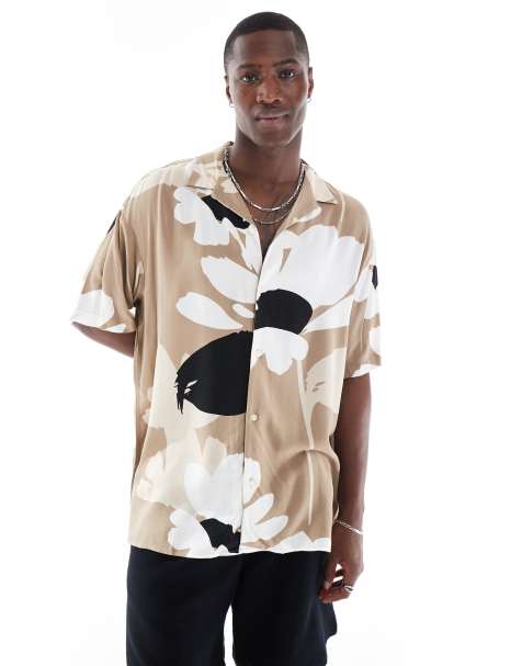 Jack & Jones revere collar abstract floral shirt in beige 
