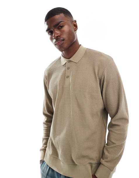 Jack & Jones knitted long sleeve textured polo in beige