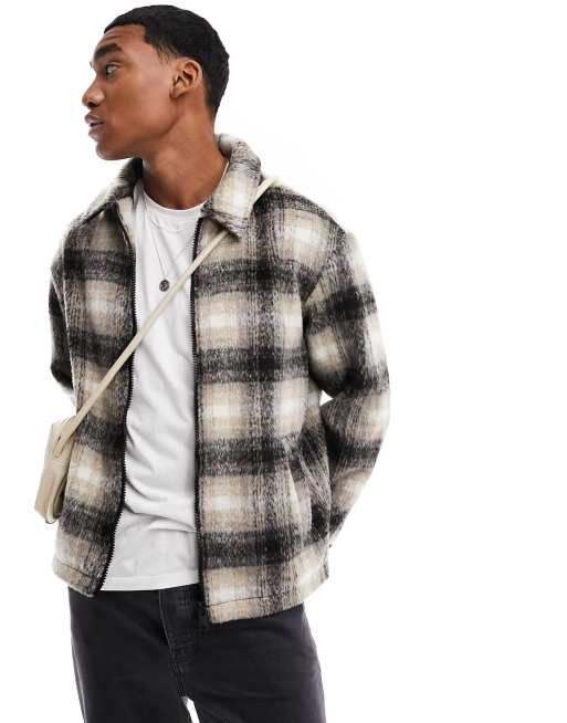 Jack & Jones – Beżowa, szczotkowana kurtka Harrington w kratę