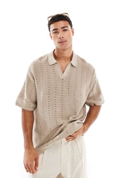 Jack & Jones split neck polo in crochet in beige